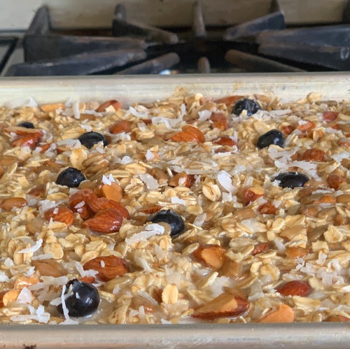 baked oatmeal bars into oven